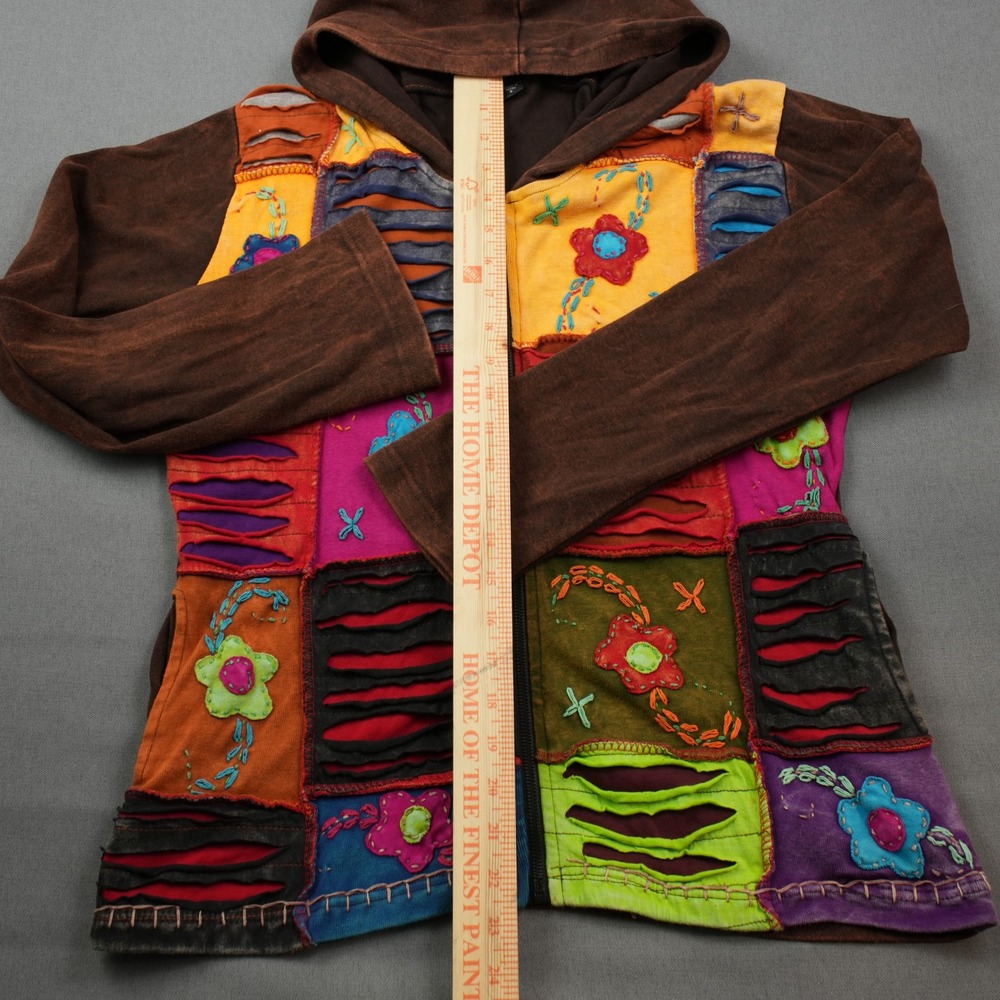 Om SaiRam Craft Flower Patchwork Embroidered Floral Hoodie Jacket Boho Size S - Picture 5 of 9
